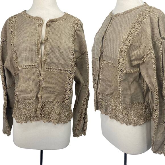Vintage Leather Jacket Collarless Tan Textured Crochet Detail Button Up Womens L - Picture 1 of 10